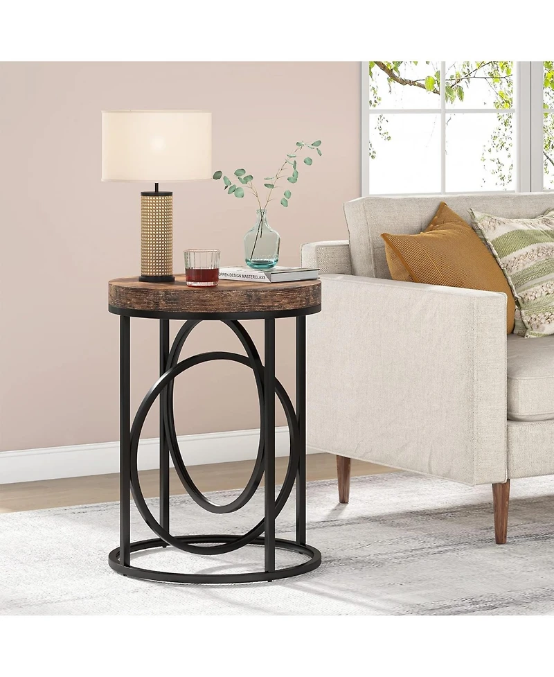 Tribesigns Modern Round End Table with Thick Wood Top, 20”Sofa Side Table Cocktail Table with Unique Black O-Shaped Base, Midcentury Accent Tab