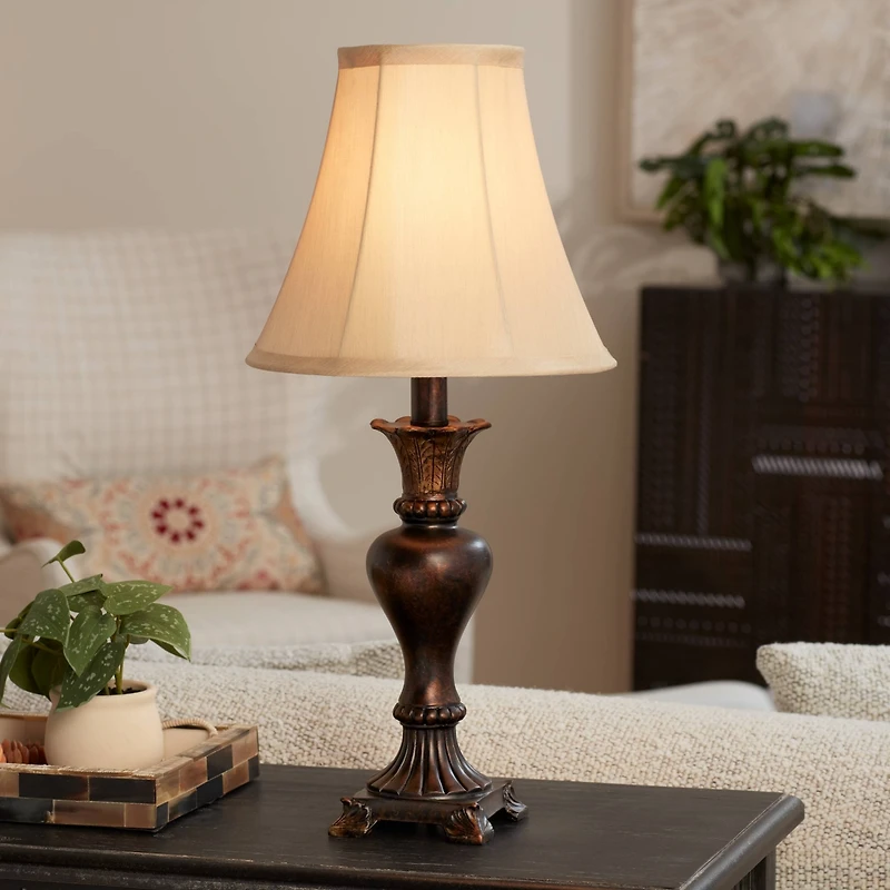 Regency Hill Xavier Traditional Accent Table Lamp 21" High Warm Bronze Urn Footed Base Natural Tone Bell Shade for Bedroom Living Room Bedside Of
