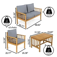 Jonathan Y Everly 4-Piece Modern Cottage Acacia Wood Outdoor Patio Set with Cushions and Tropical Decorative Pillows, Gray/Teak Brown