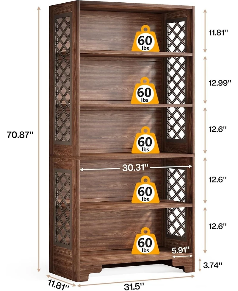 Tribesigns 6-Tier Bookcase, 70.8" Vintage Tall Bookcase, Floor Standing 5-Shelf Display Rack Storage Shelves Mid-Century Bookcase for Home Office, Liv