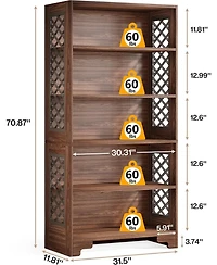 Tribesigns 6-Tier Bookcase, 70.8" Vintage Tall Bookcase, Floor Standing 5-Shelf Display Rack Storage Shelves Mid-Century Bookcase for Home Office, Liv