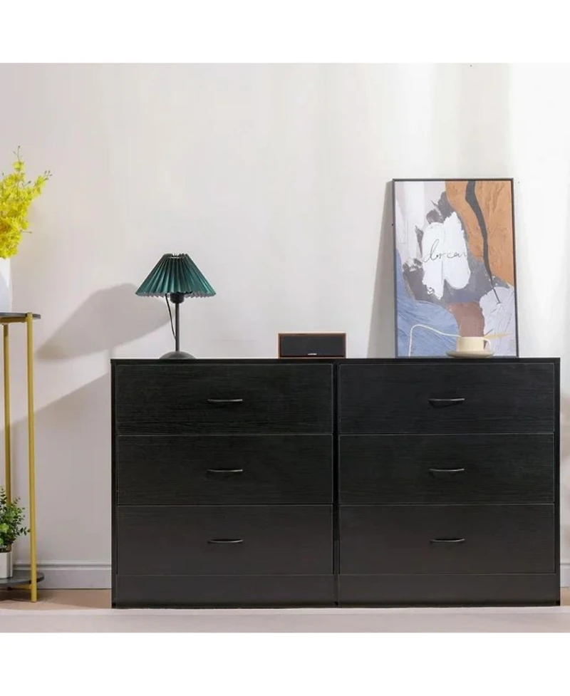 Sugift 6 Drawer Dressers Black Wood Dresser Chest of Drawers Double Dresser