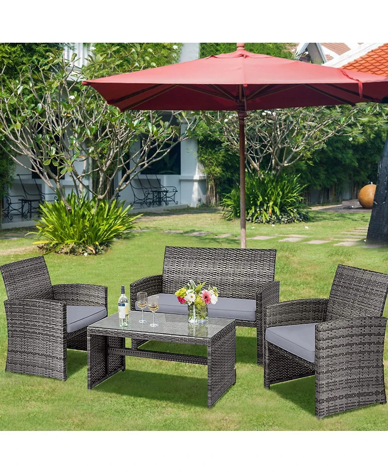 Slickblue 4 Pcs Patio Rattan Furniture Set Top Sofa With Glass Table