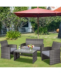 Slickblue 4 Pcs Patio Rattan Furniture Set Top Sofa With Glass Table