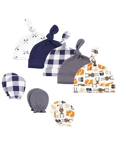 Hudson Baby Boys Essential 8-Piece Set Knotted Beanie Hats and Anti-Scratch Mitts