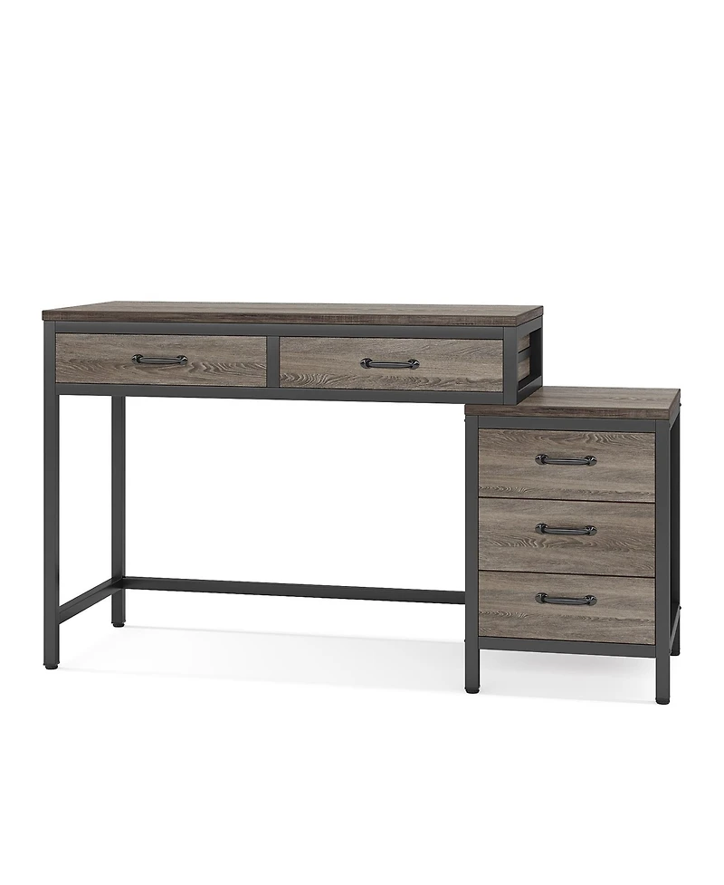 Tribesigns Computer Desk with 5 Drawers, Home Office Desks with Reversible Drawer Cabinet Printer Stand, Industrial Pc Desk with Storage, Grey Study W