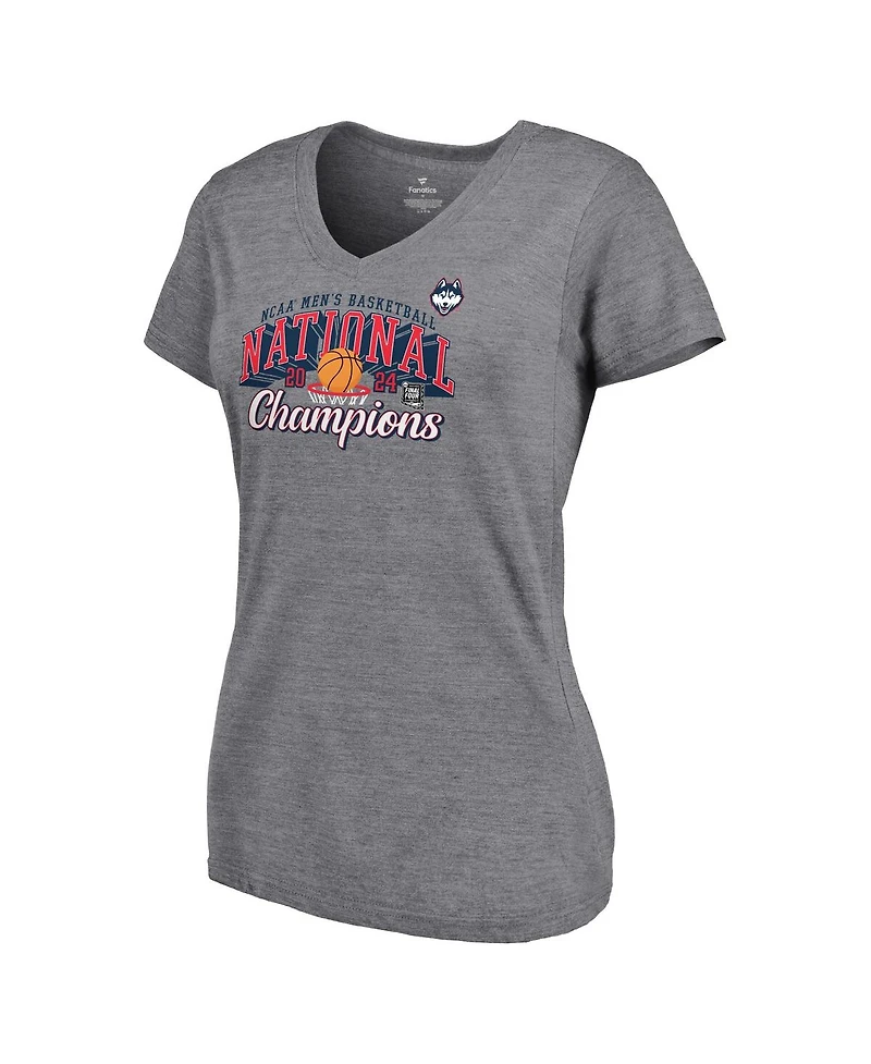 Fanatics Women's Heather Gray UConn Huskies 2024 Ncaa Men's Basketball National Champions Specific V-Neck T-Shirt