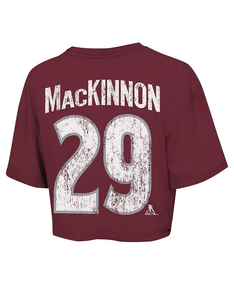 Majestic Women's Nathan MacKinnon Maroon Colorado Avalanche Behind the Net Boxy Name Number Cropped T-Shirt