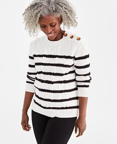 Style & Co Petite Striped Cable-Knit Button-Trim Sweater, Created for Macy's