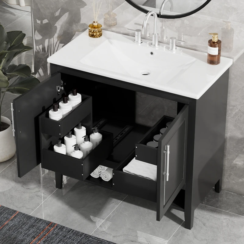 36" Black Bathroom Vanity with Sink, Mdf Cabinet with Doors & Drawers