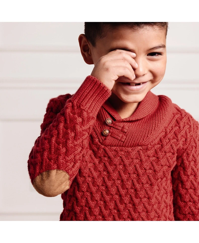 Hope & Henry Baby Boys Long Sleeve Shawl Collar Herringbone Cable Sweater with Elbow Patches