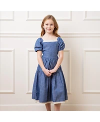 Hope & Henry Girls' Short Bubble Sleeve Crochet Trim Chambray Dress