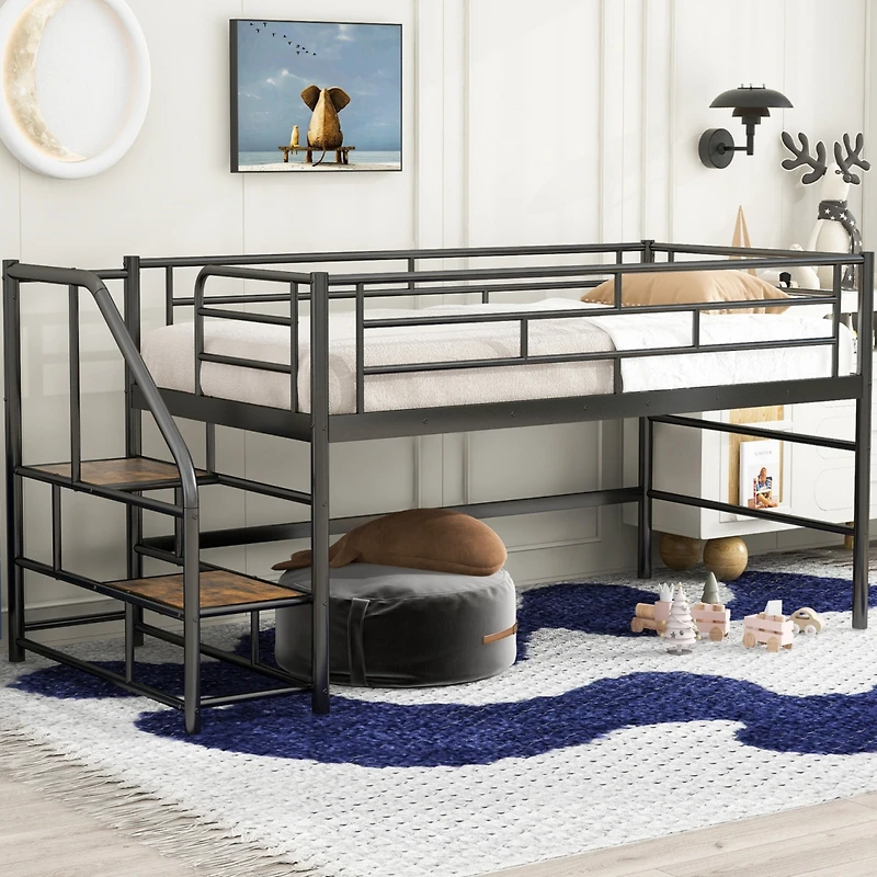 Streamdale Twin Loft Bed with Storage Stairs, Black