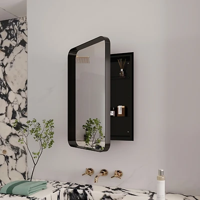 Recessed Black Metal Medicine Cabinet with Mirror and Shelves