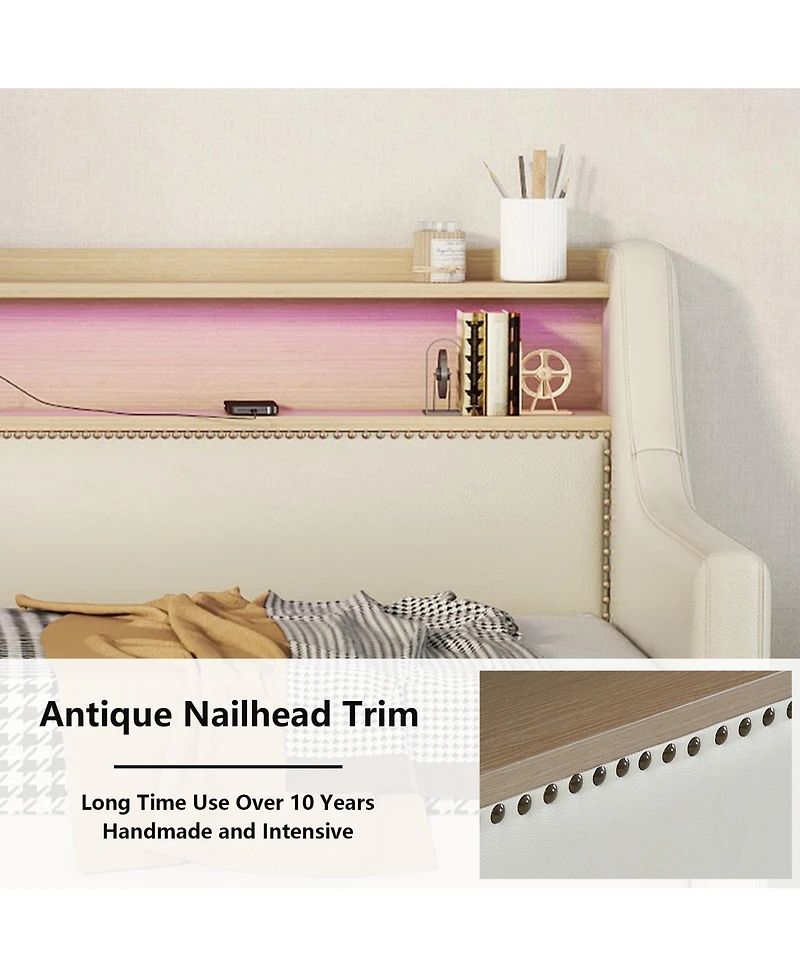 Simplie Fun Twin Daybed with Storage, Charging Station, Led Lights, and Bronze Nailhead Trim
