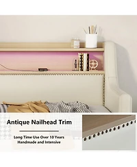 Simplie Fun Twin Daybed with Storage, Charging Station, Led Lights, and Bronze Nailhead Trim