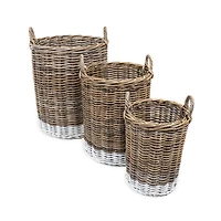 Jonathan Y Ternion Cottage Hand-Woven Rattan Nesting Baskets with Handles, Kubu Gray/White (Set of 3)
