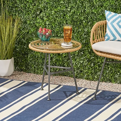 Simplie Fun Modern Rattan Side Table With Tempered Glass Top