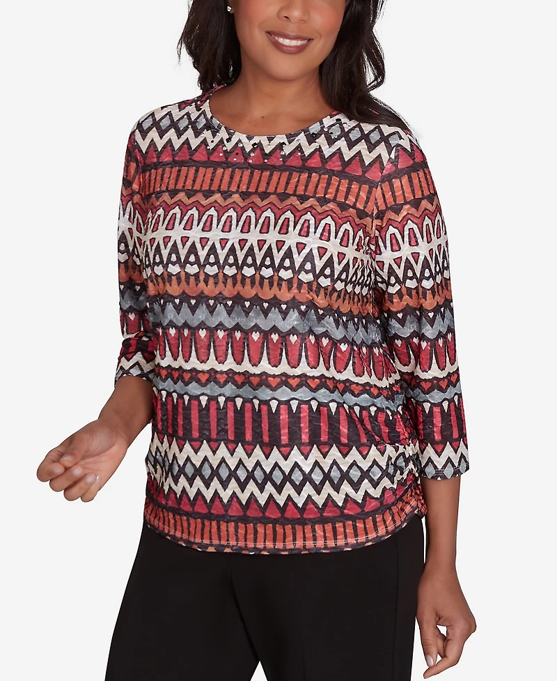 Alfred Dunner Runway Ready Women's Geometric Crew Neck Top With Side Ruching
