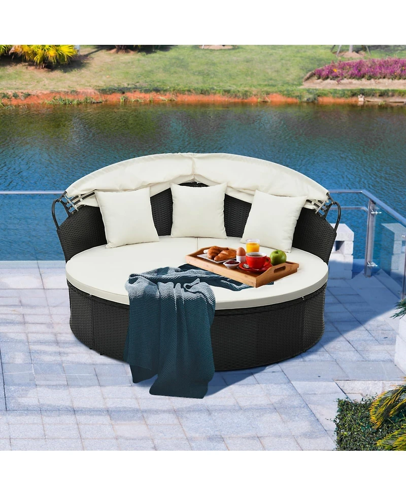 Sugift Clamshell Patio Round Daybed Wicker with Retractable Canopy and Pillows