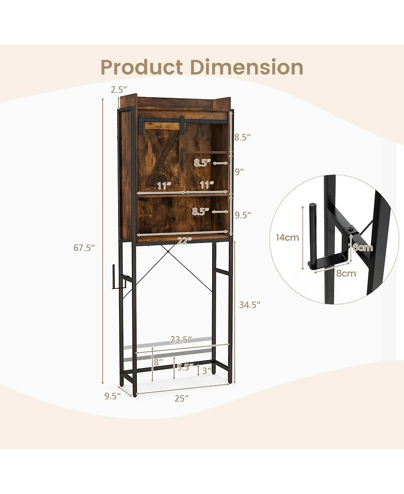 Sugift 4-Tier Multifunctional Toilet Storage Cabinet with Adjustable Shelf and Sliding Barn Door