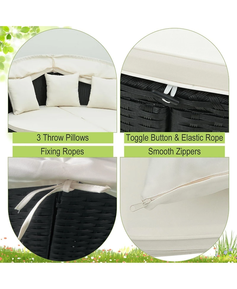 Sugift Clamshell Patio Round Daybed Wicker with Retractable Canopy and Pillows