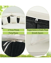 Sugift Clamshell Patio Round Daybed Wicker with Retractable Canopy and Pillows