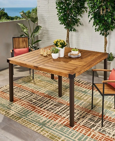 Lankershim 64: Modern Industrial Dining Table With Acacia Wood And Slat Design