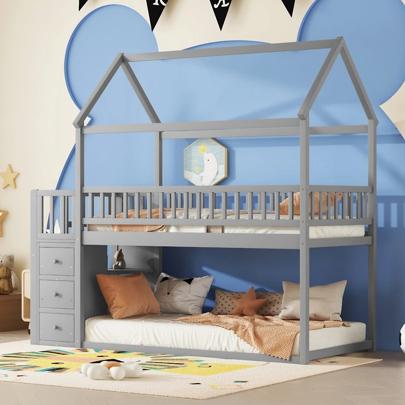 Simplie Fun Twin House Bunk Bed with Storage and Play Area in Gray