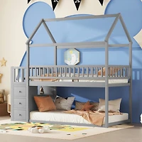 Simplie Fun Twin House Bunk Bed with Storage and Play Area in Gray
