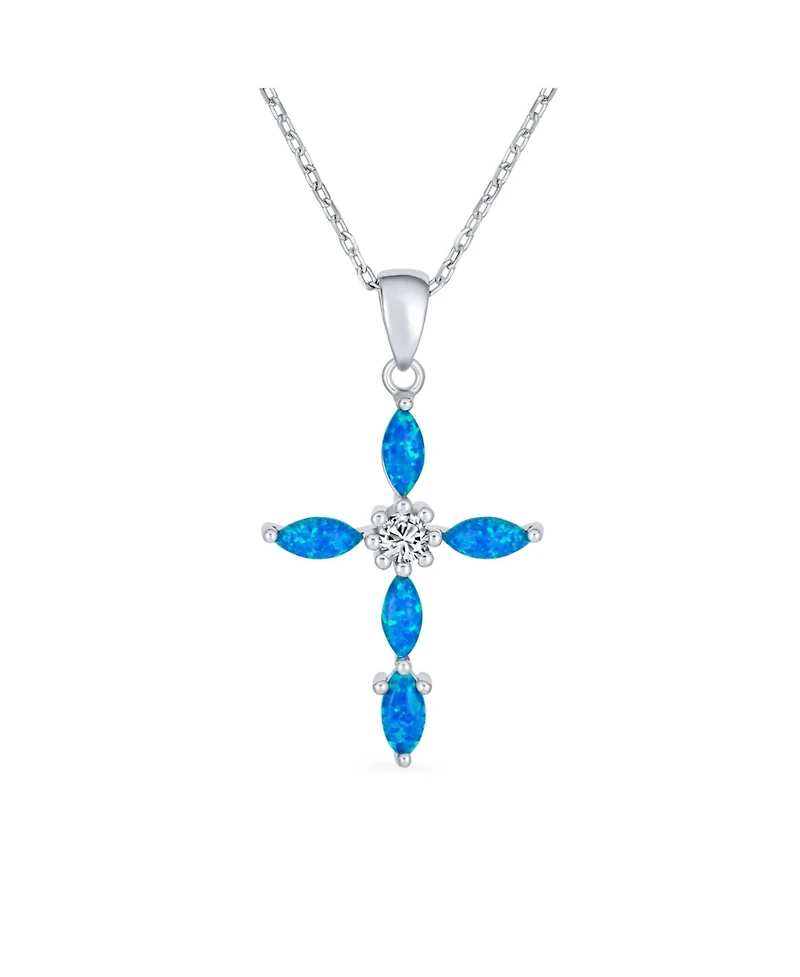 Bling Jewelry Religious Faith Hope Love Cz Accent Created Blue Synthetic Opal Cross Pendant Necklace Sterling Silver
