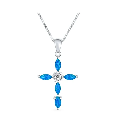 Bling Jewelry Religious Faith Hope Love Cz Accent Created Blue Synthetic Opal Cross Pendant Necklace Sterling Silver