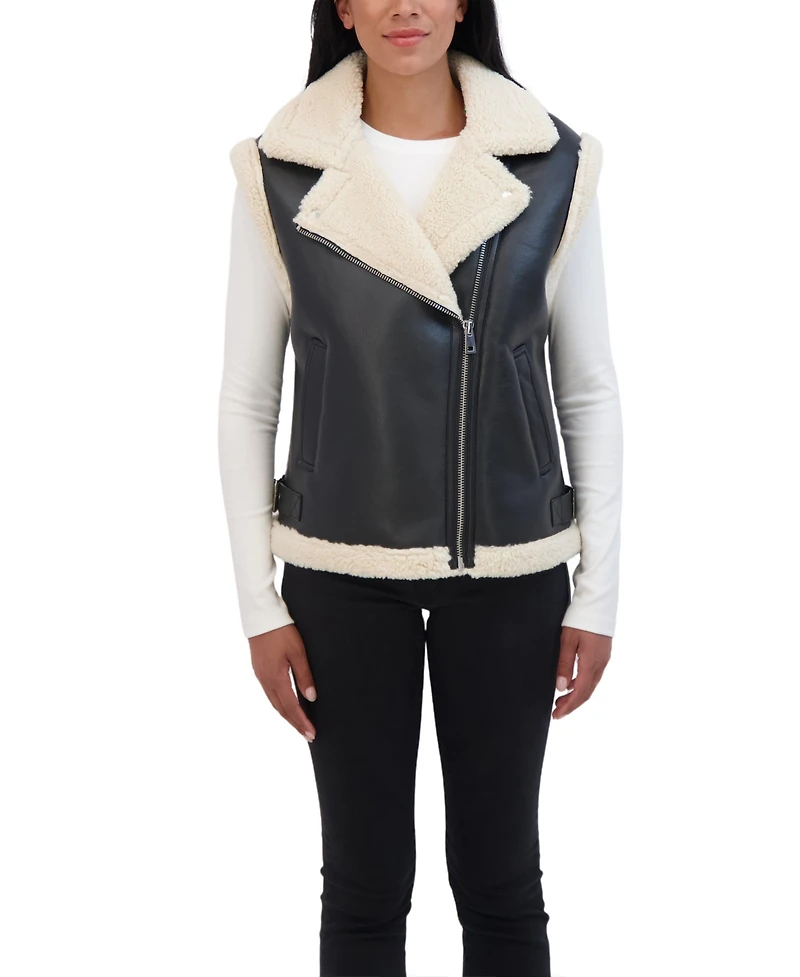 Sebby Collection Women's Moto Zip Front Faux Leather Shearling Vest