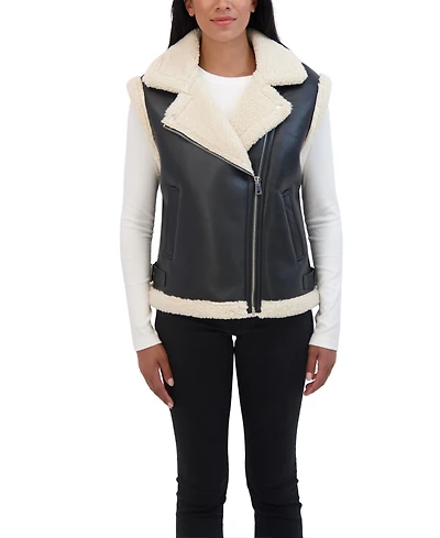 Sebby Collection Women's Moto Zip Front Faux Leather Shearling Vest