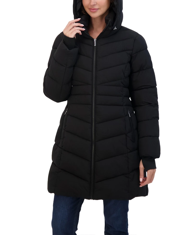 Sebby Collection Women's 3/4 Hooded Stretch Puffer Coat