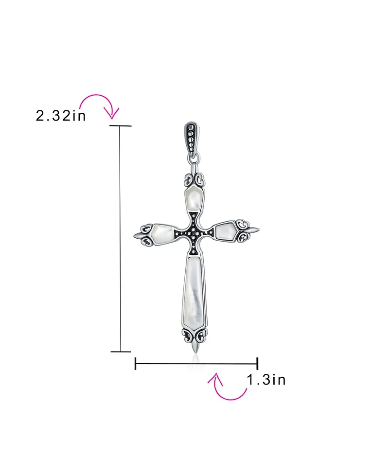 Bling Jewelry Western Style Spiritual Religious Blue Natural Turquoise Fleur De Lis Cross Pendant Necklace Oxidized Sterling Silver