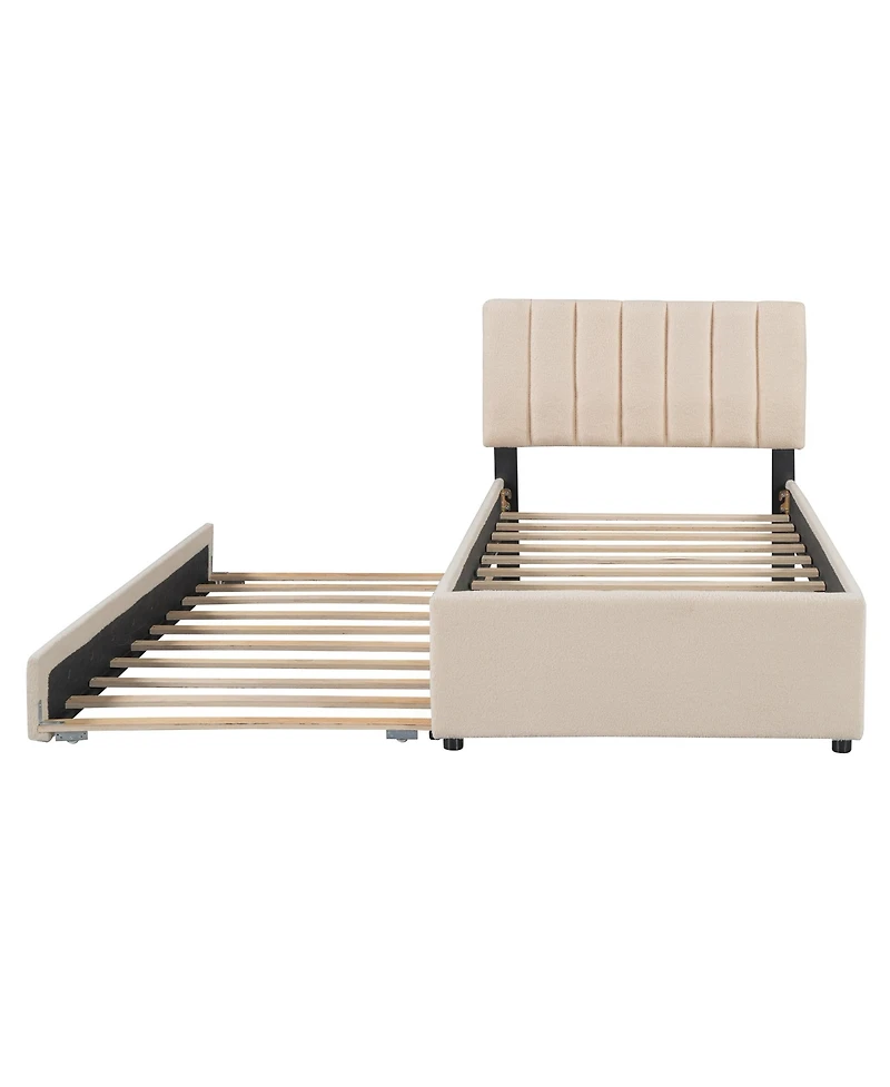 Streamdale Teddy Fleece Twin Platform Bed with Trundle, Led Lights, Beige