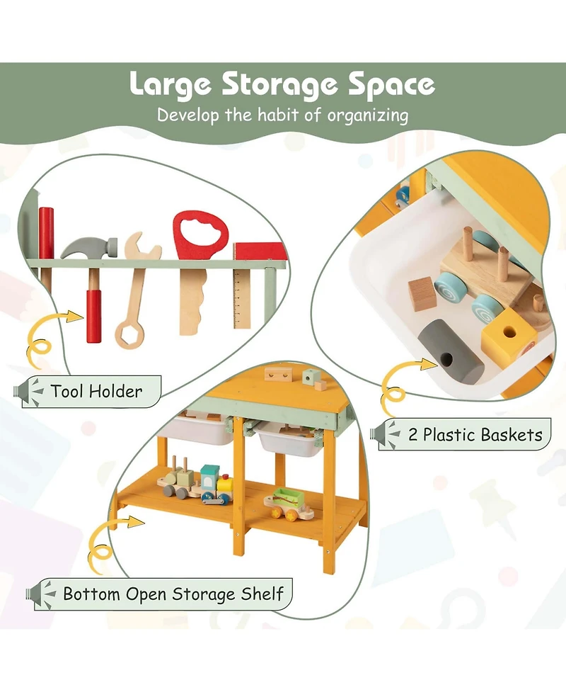 Kids Wooden Toy Workbench with Storage Space & Blackboard Tool Accessories for Boys