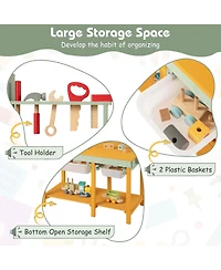 Kids Wooden Toy Workbench with Storage Space & Blackboard Tool Accessories for Boys