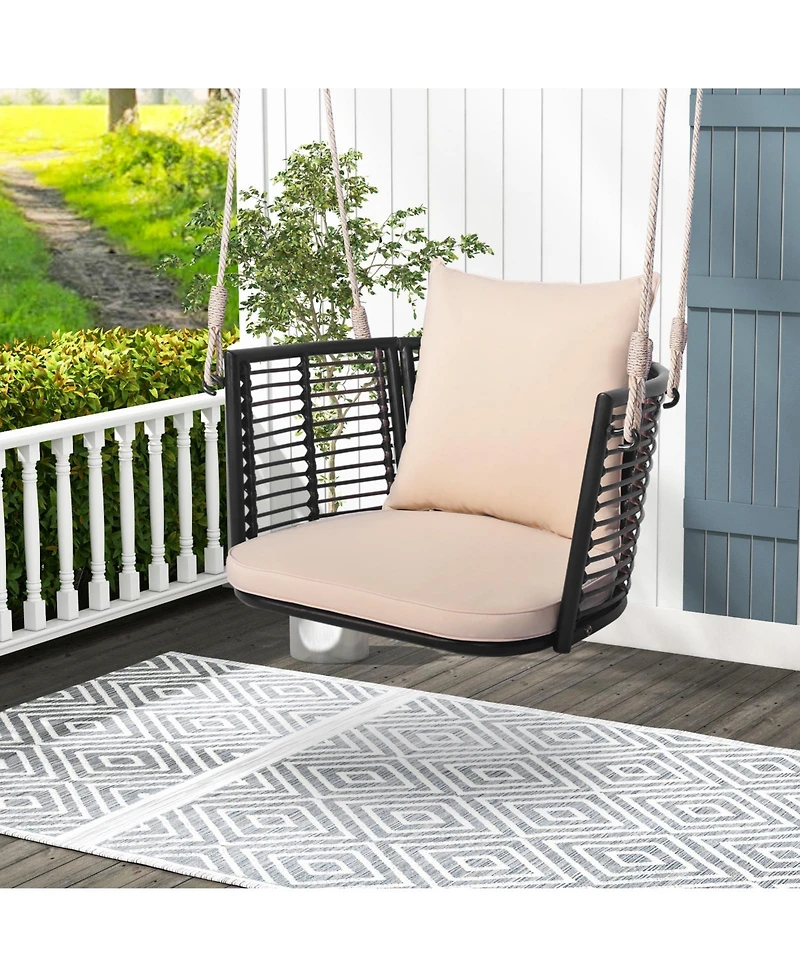 Slickblue Single Person Hanging Seat with Woven Rattan Backrest for Backyard