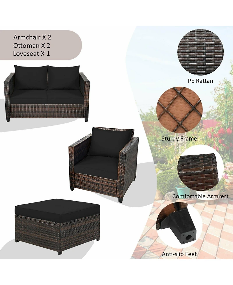 5 Pieces Patio Rattan Furniture Set Conversation Sets with Removable Cushions