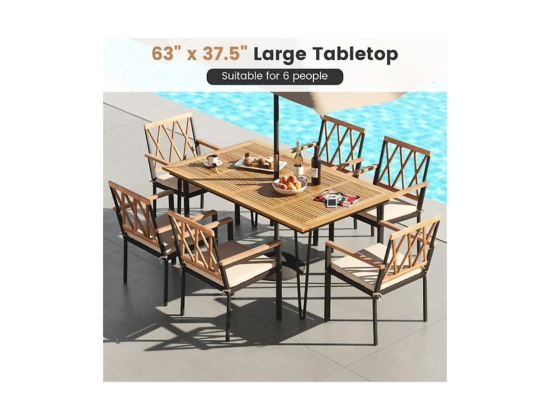 Slickblue Rectangular Patio Dining Table for 8 with Acacia Wood Tabletop and Umbrella Hole