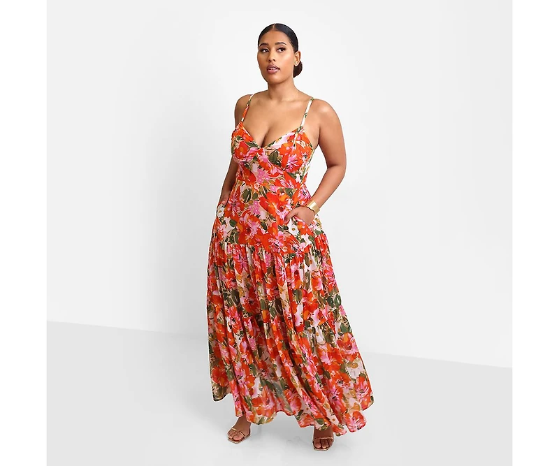 Rebdolls Plus Size Renata Floral Tiered Maxi Skater Dress