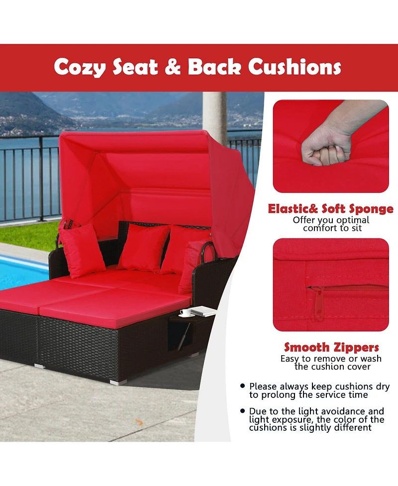 Slickblue Patio Rattan Daybed with Retractable Canopy and Side Tables-Red