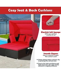 Slickblue Patio Rattan Daybed with Retractable Canopy and Side Tables-Red
