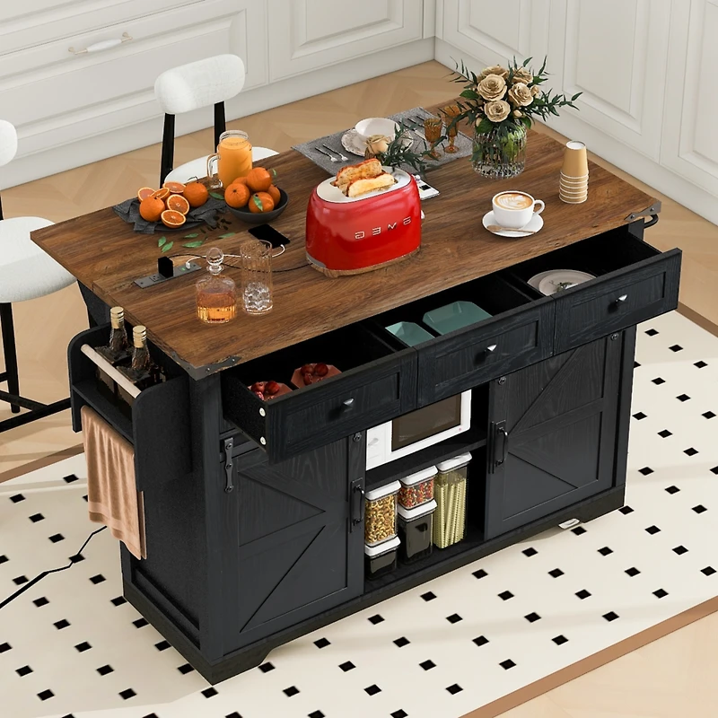 Big Black Wood Grain Farmhouse Kitchen Island with Power Outlet and Sliding Barn Doors
