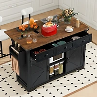 Big Black Wood Grain Farmhouse Kitchen Island with Power Outlet and Sliding Barn Doors