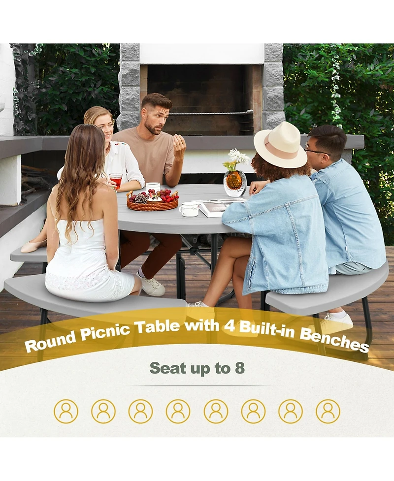 Outdoor 8-person Round Picnic Table Bench Set with 4 Benches & Umbrella Hole
