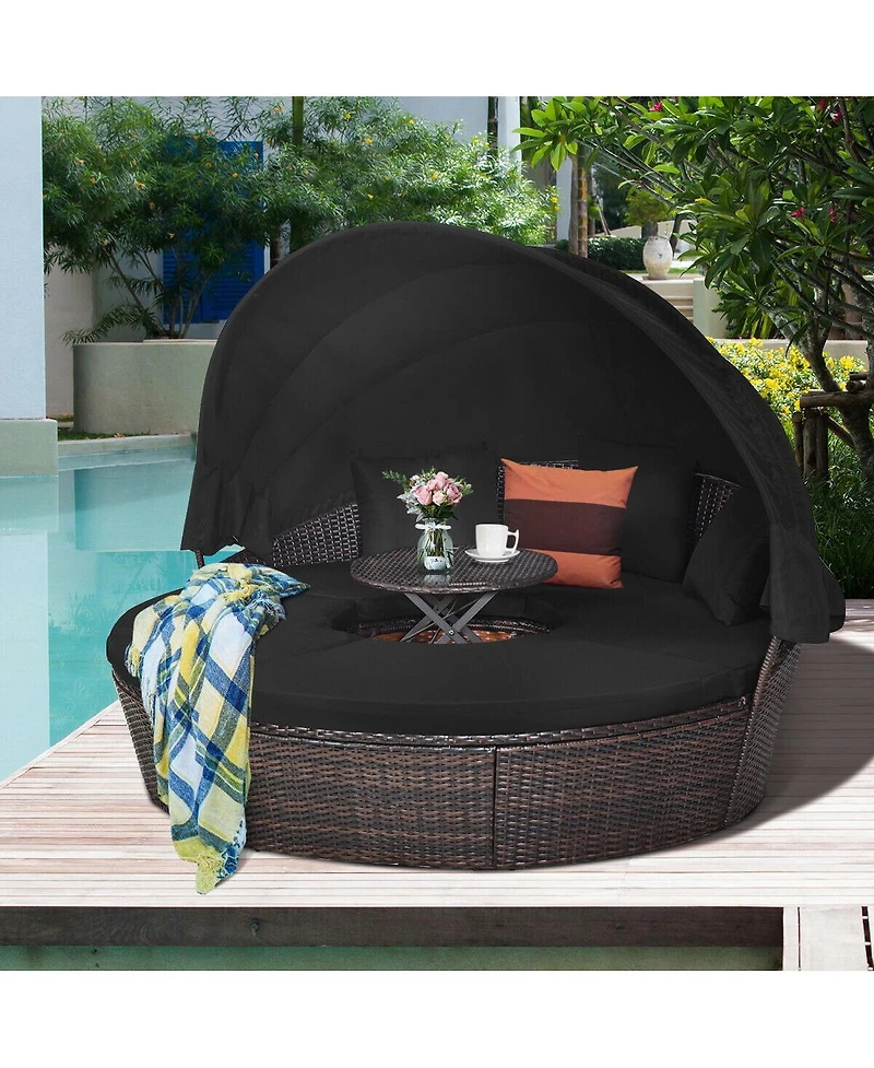 Slickblue Patio Round Daybed Rattan Furniture Sets with Canopy
