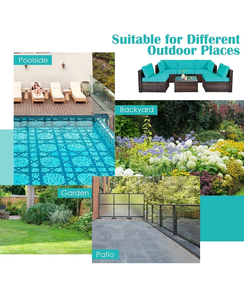 6 Pieces Patio Rattan Furniture Set with Cushions and Glass Coffee Table-Turquoise